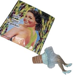 FISHNET & HEEL WINE CORK AND COCKTAIL NAPKINS “GOLLY LIQUOR IS QUICKER” NEW